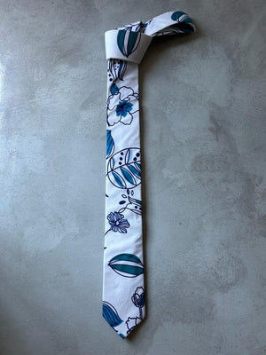 White blue floral line art skinny tie