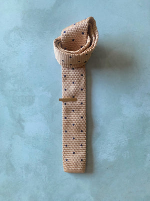 BEIGE KNITTED WITH BLUE POLKADOT SKINNY TIE